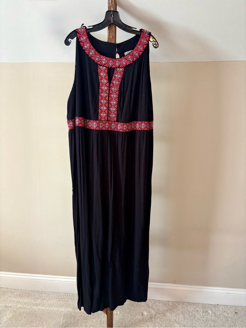 Catherines Black Maxi Dress with Pink Embroidered Trim
